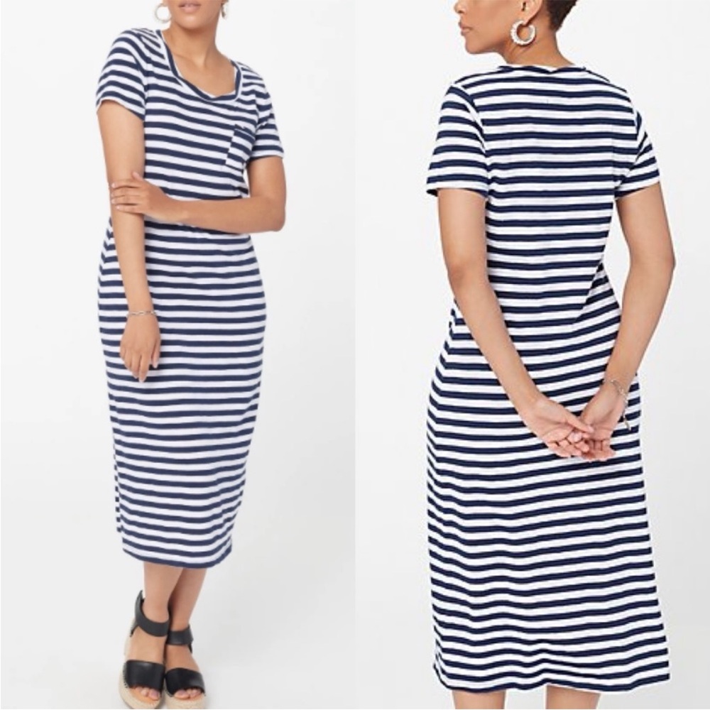 J Jason Wu Women's Twisted Neck Blue &White Striped Midi T-shirt Dress -size S